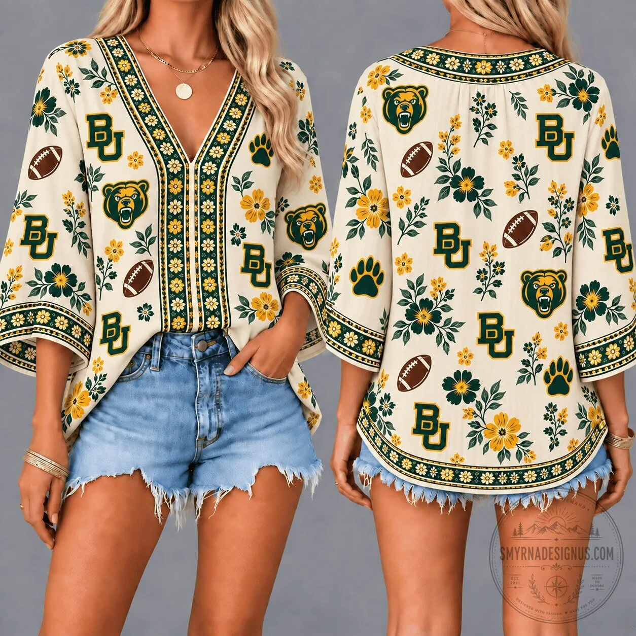 Baylor Bears NCAA College Team Floral Boho V-Neck Blouse