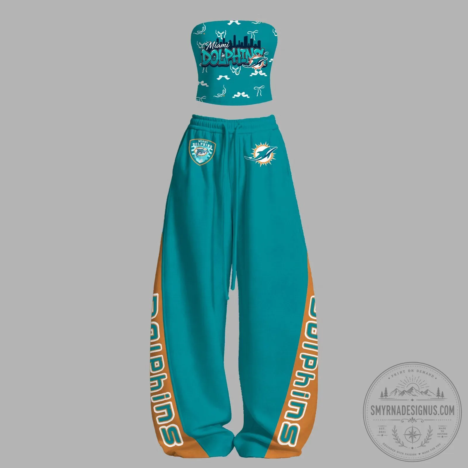 Miami Dolphins Teal Strapless Crop Top and Wide Leg Pants Set 1 Miami Dolphins Teal Strapless Crop Top and Wide Leg Pants Set