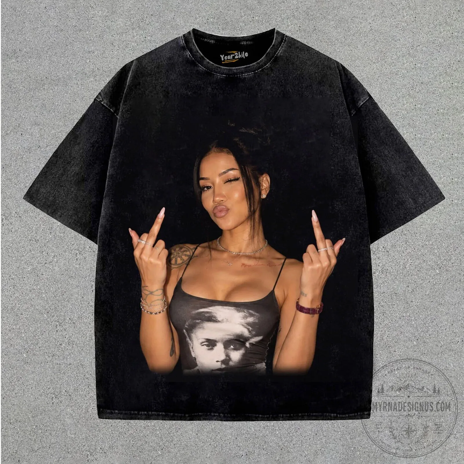 Jhené Aiko Middle Finger Graphic Print Washed Black Oversized T-Shirt