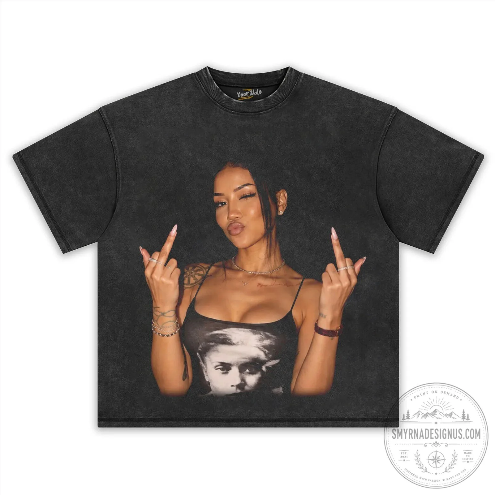 Jhené Aiko Middle Finger Graphic Print Washed Black Oversized T-Shirt 10 Jhené Aiko Middle Finger Graphic Print Washed Black Oversized T-Shirt