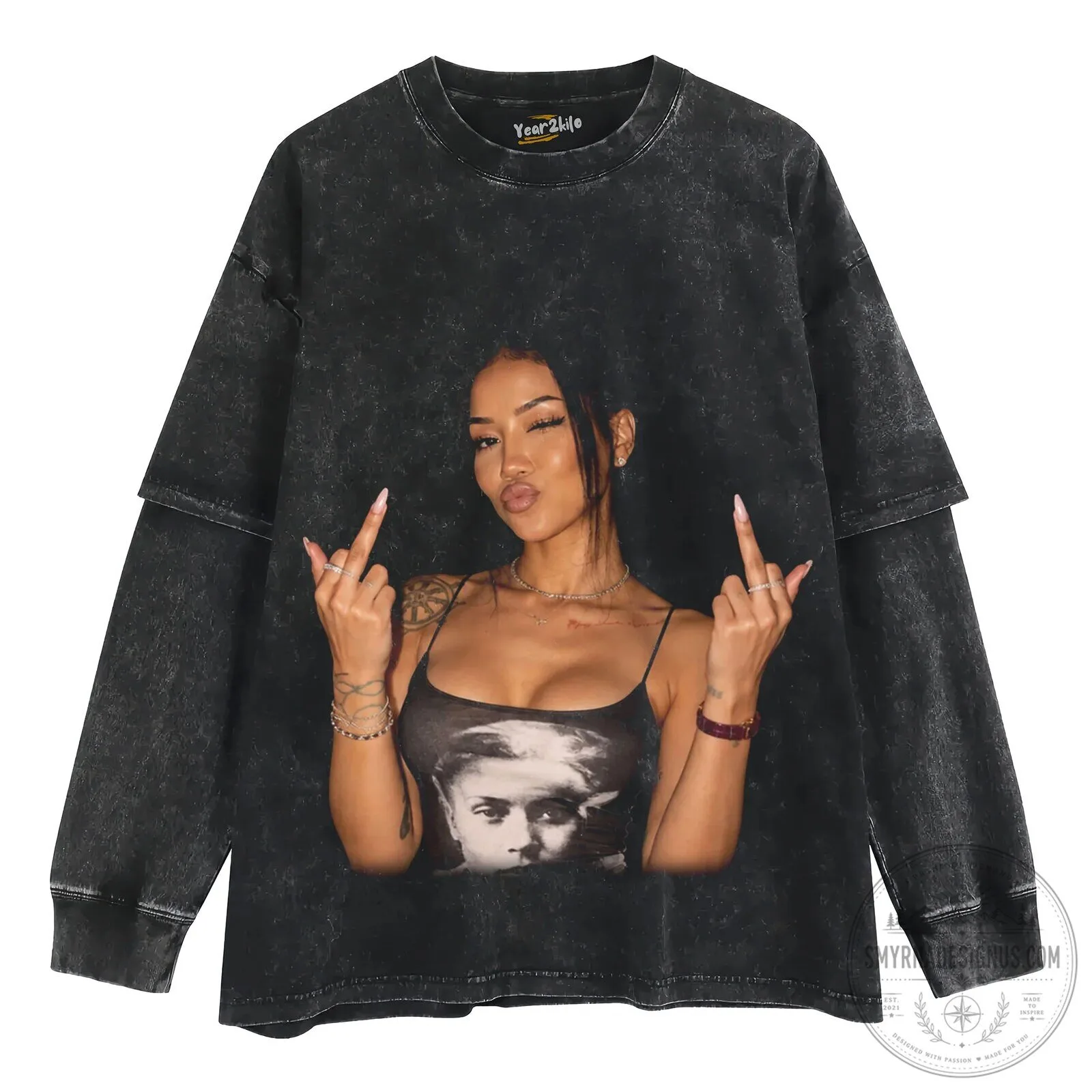 Jhené Aiko Middle Finger Graphic Print Washed Black Oversized T-Shirt 12 Jhené Aiko Middle Finger Graphic Print Washed Black Oversized T-Shirt