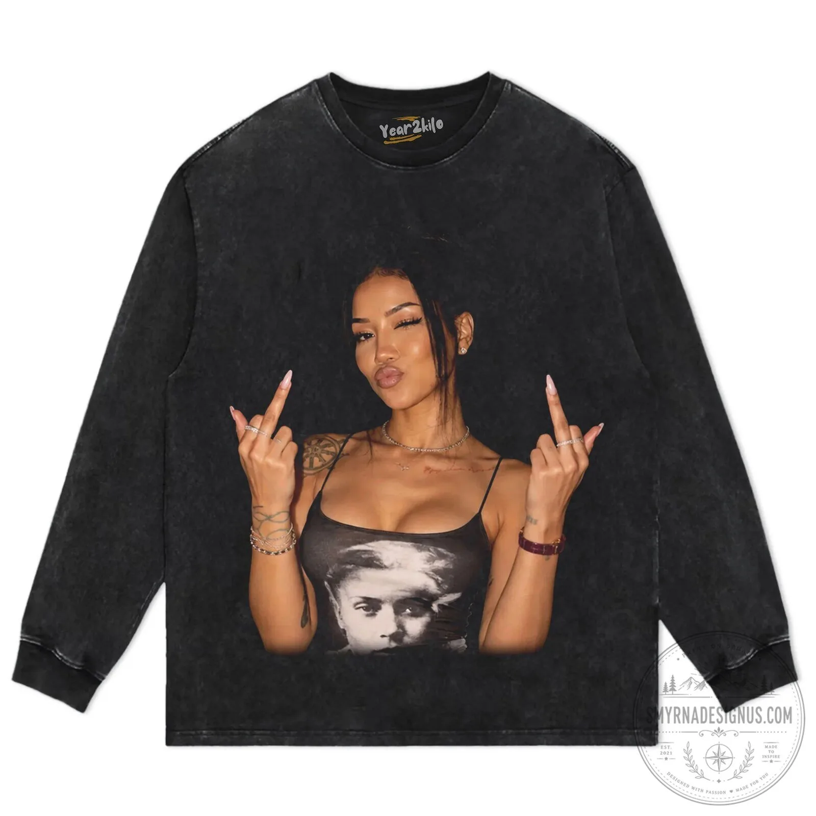 Jhené Aiko Middle Finger Graphic Print Washed Black Oversized T-Shirt 14 Jhené Aiko Middle Finger Graphic Print Washed Black Oversized T-Shirt