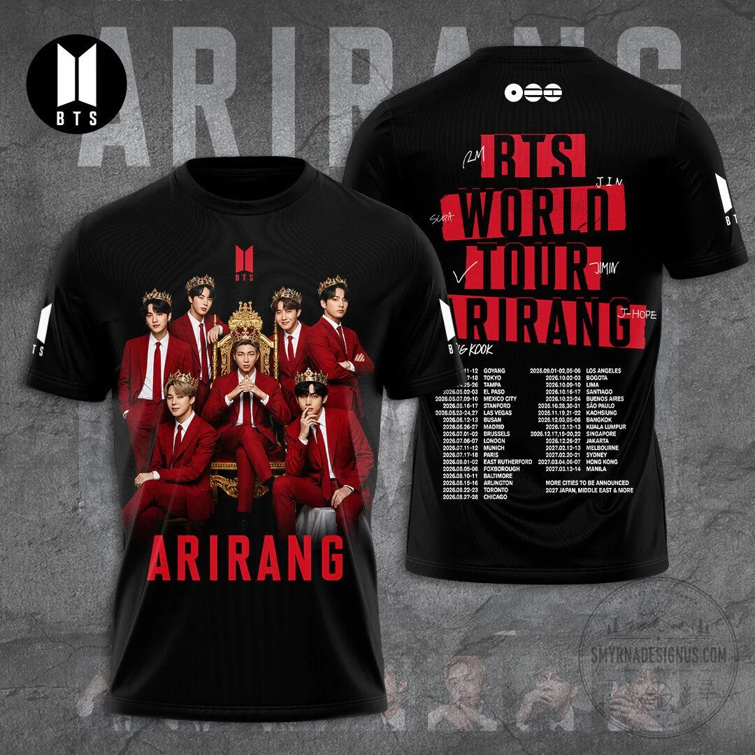 Black Graphic T-Shirt Featuring BTS World Tour Arirang 2026 Concert Dates