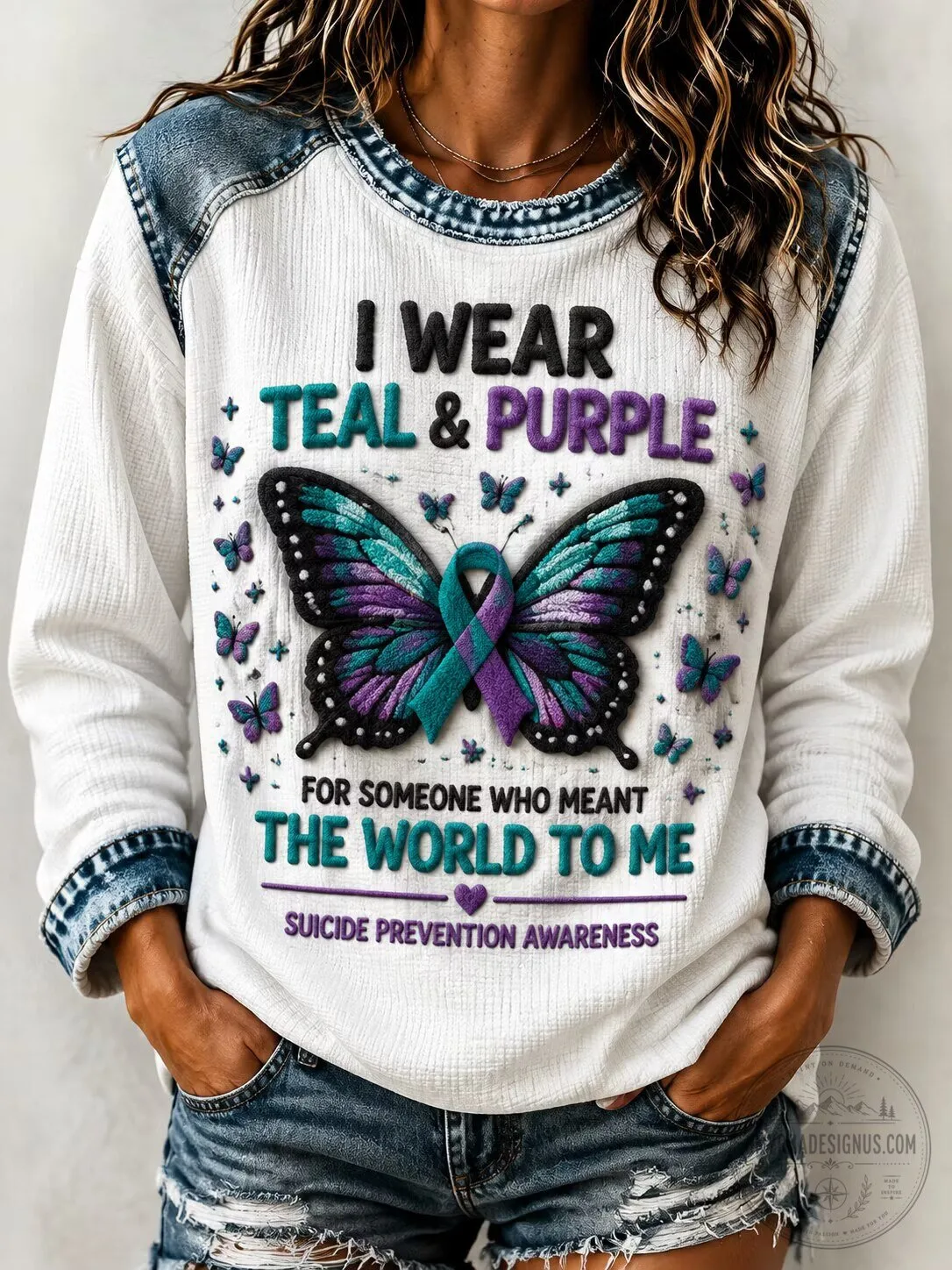 Suicide Prevention Awareness Teal and Purple Butterfly Long-Sleeve Shirt