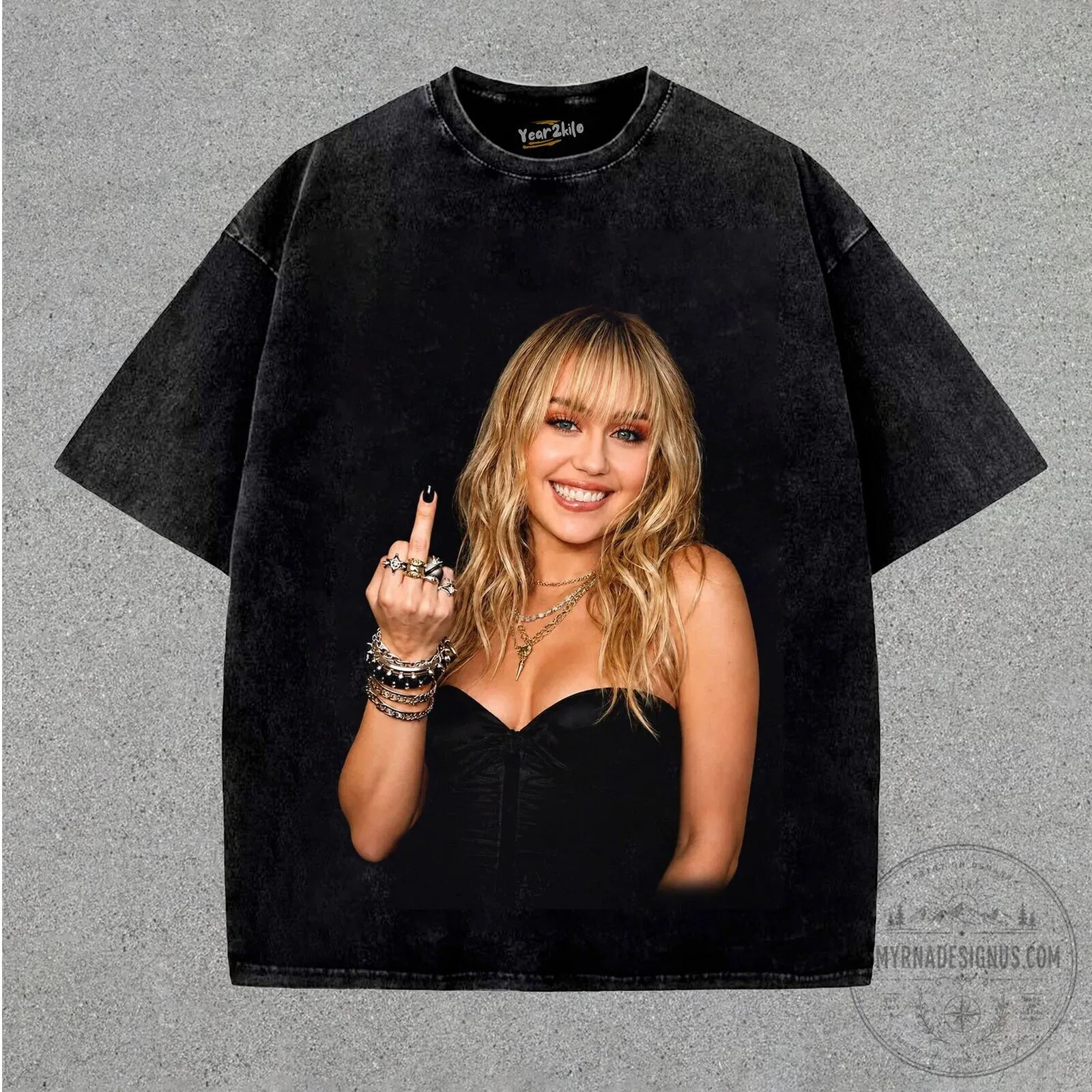 Vintage Black Graphic Tee featuring Miley Cyrus's Middle Finger Design