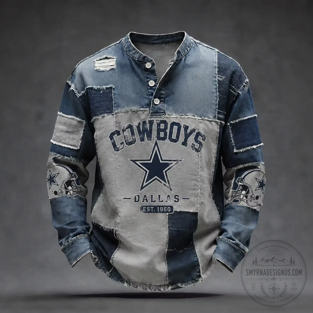 Dallas Cowboys Vintage Patchwork Distressed Denim Henley Long Sleeve Shirt