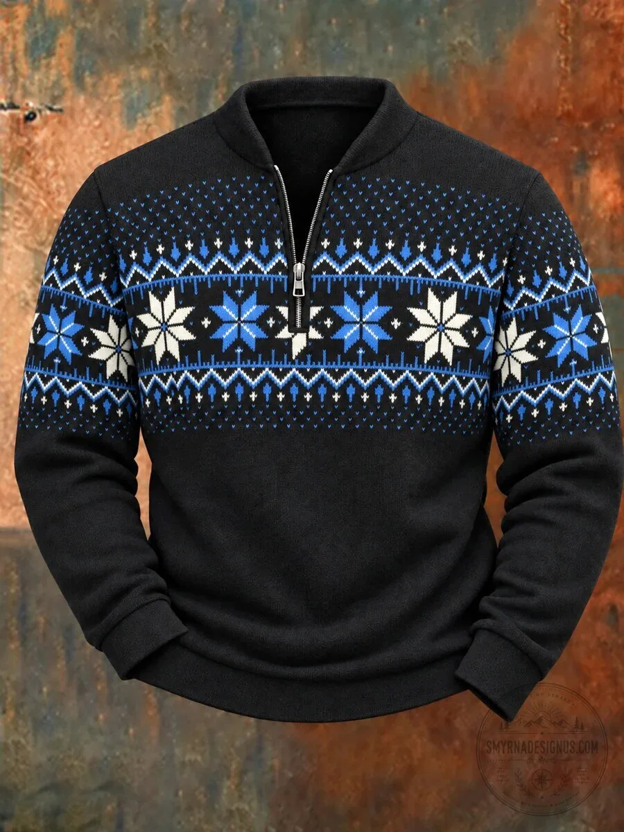 Men's Pullover Sweatshirt with Quarter Zip and Nordic Snowflake Pattern