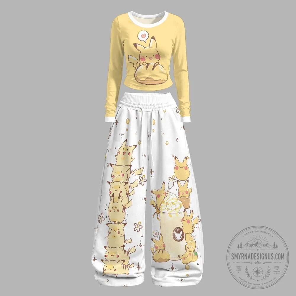 Cute Pikachu Stacked Anime Character Long Sleeve Top and Pants Pajama Set