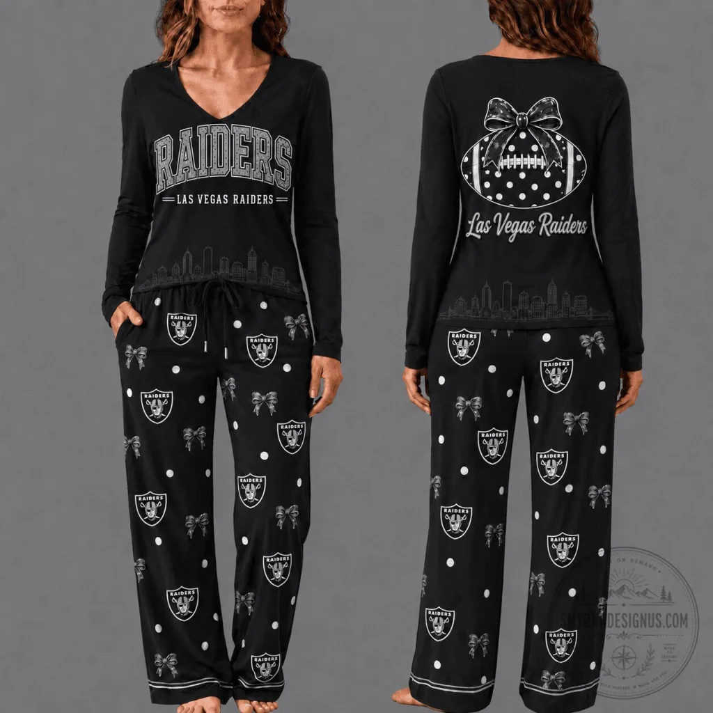 Las Vegas Raiders Football Team Women's Black Long Sleeve Pajamas Set Las Vegas Raiders Football Team Women's Black Long Sleeve Pajamas Set