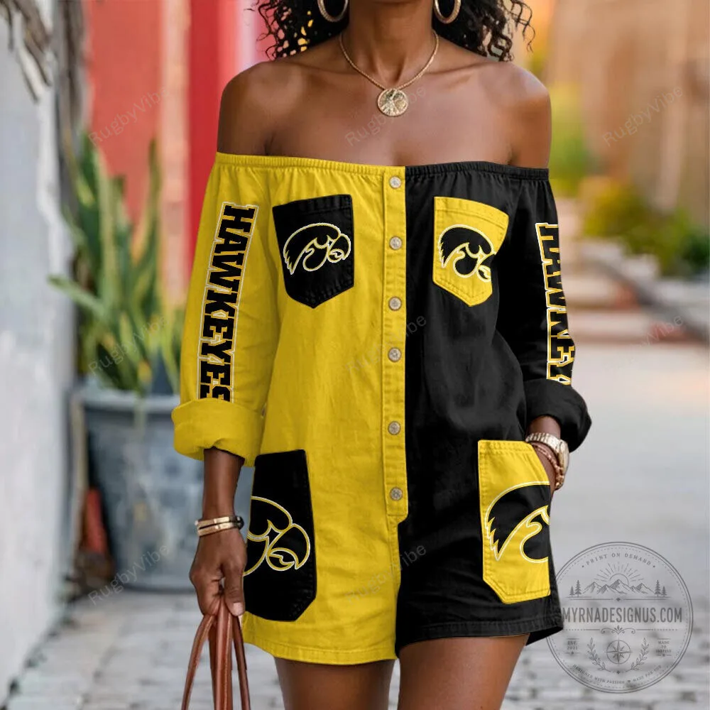 Iowa Hawkeyes Off-Shoulder Button-Up Romper