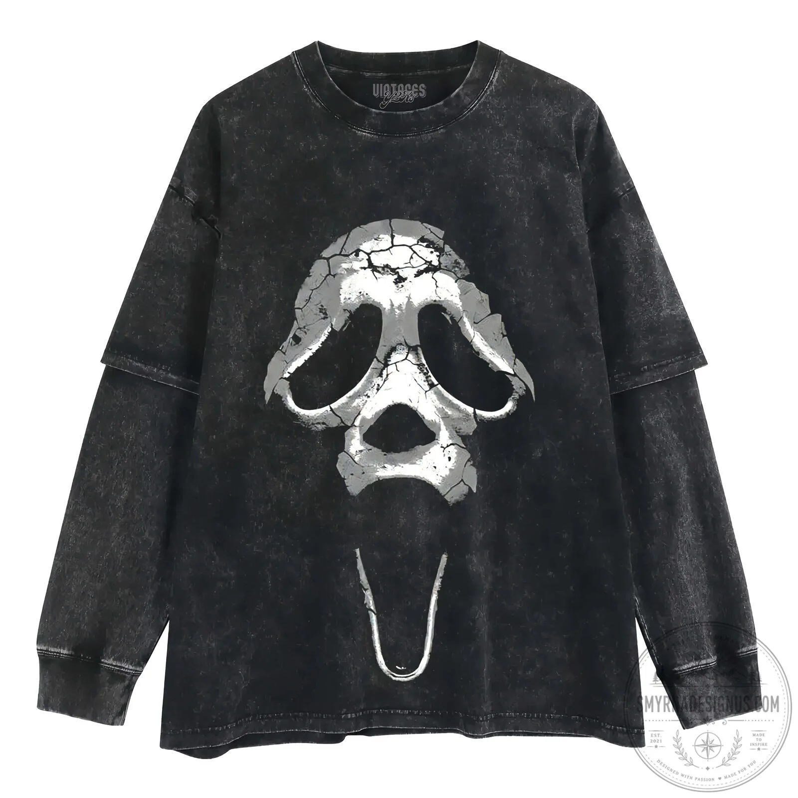 Scream Ghostface Horror Movie Layered Washed Black Long Sleeve T-Shirt 1 Scream Ghostface Horror Movie Layered Washed Black Long Sleeve T-Shirt