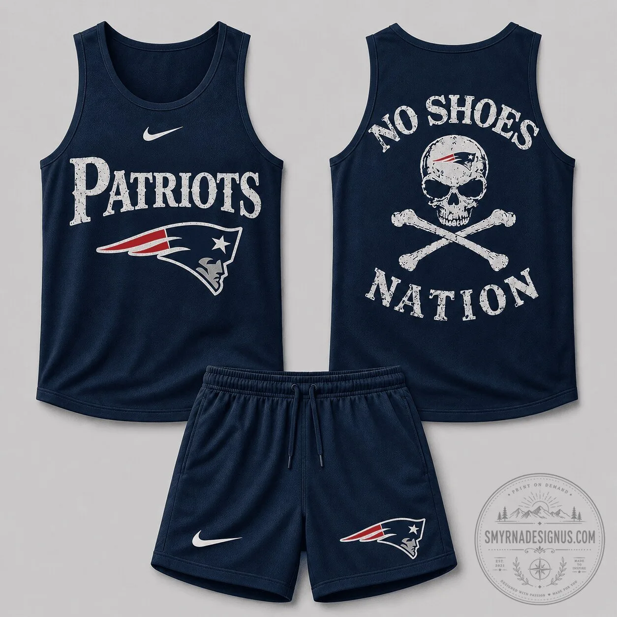 New England Patriots Skull Crossbones No Shoes Nation Tank Top and Shorts Set