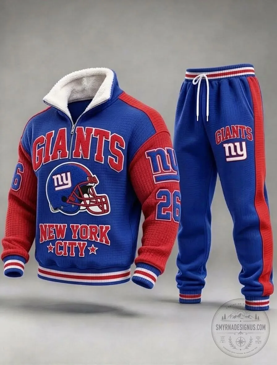 New York Giants Football Team Sherpa Collar Half-Zip Pullover Sweatshirt and Jogger Sweatpants