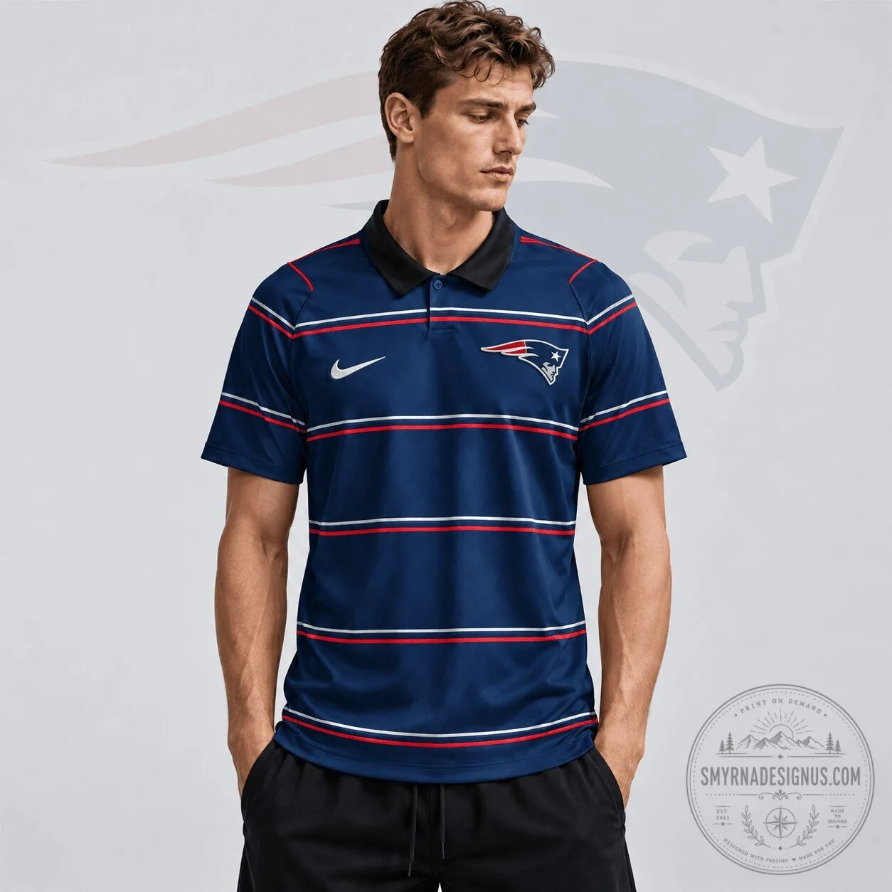 New England Patriots Navy Blue Striped Logo Polo Shirt 1 New England Patriots Navy Blue Striped Logo Polo Shirt