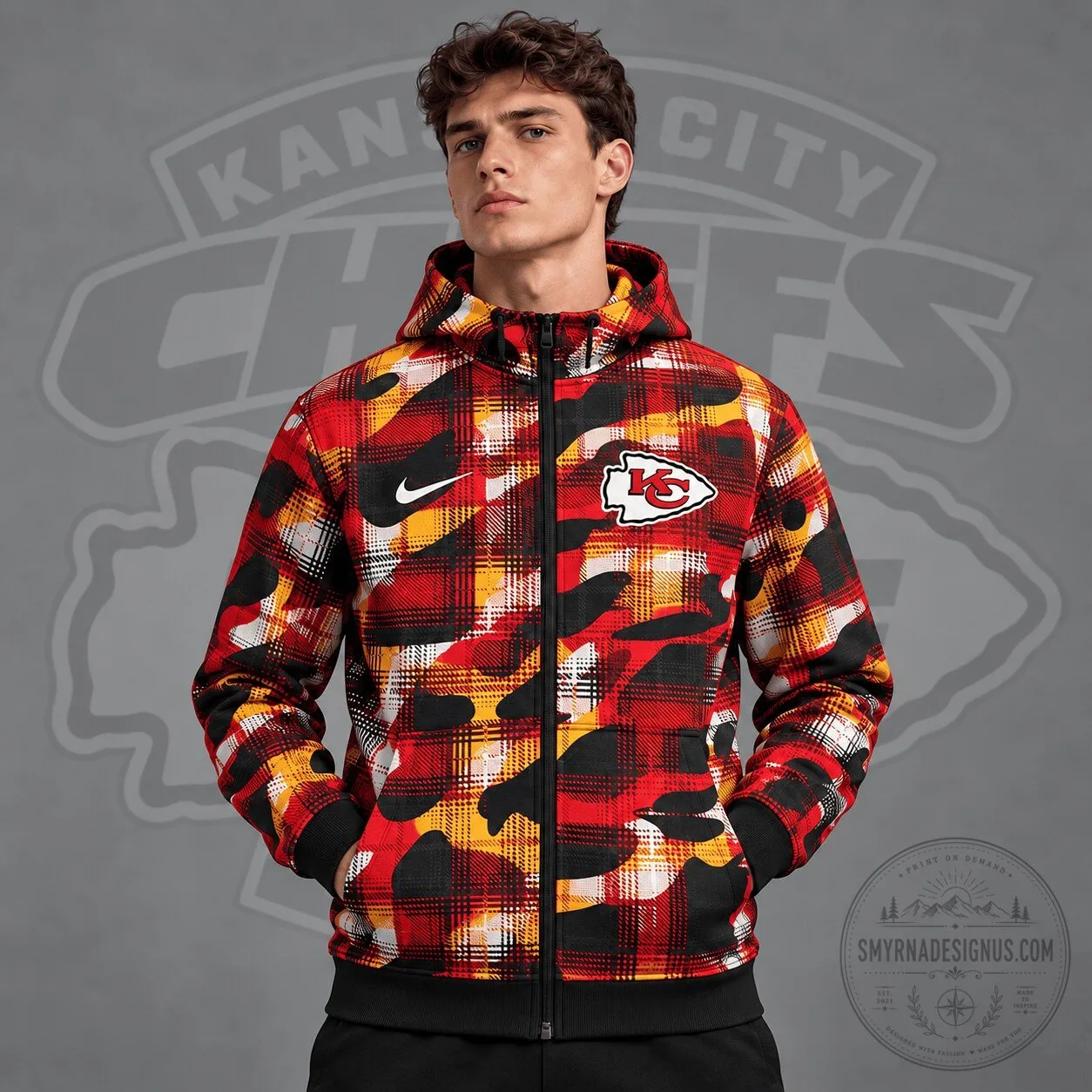Kansas City Chiefs Plaid Camouflage Full Zip Hooded Jacket
