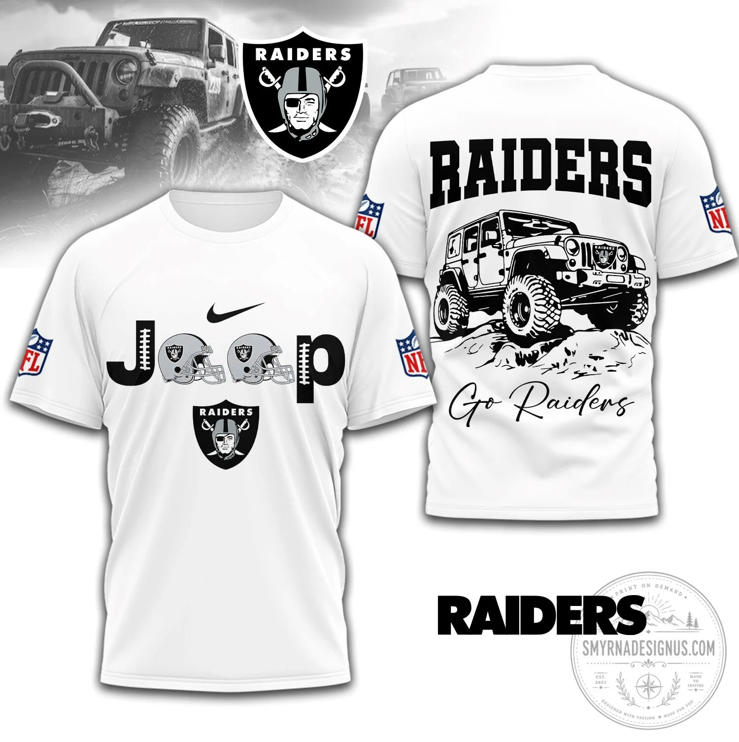 Las Vegas Raiders Jeep Off-Road Vehicle NFL Football Team White T-Shirt