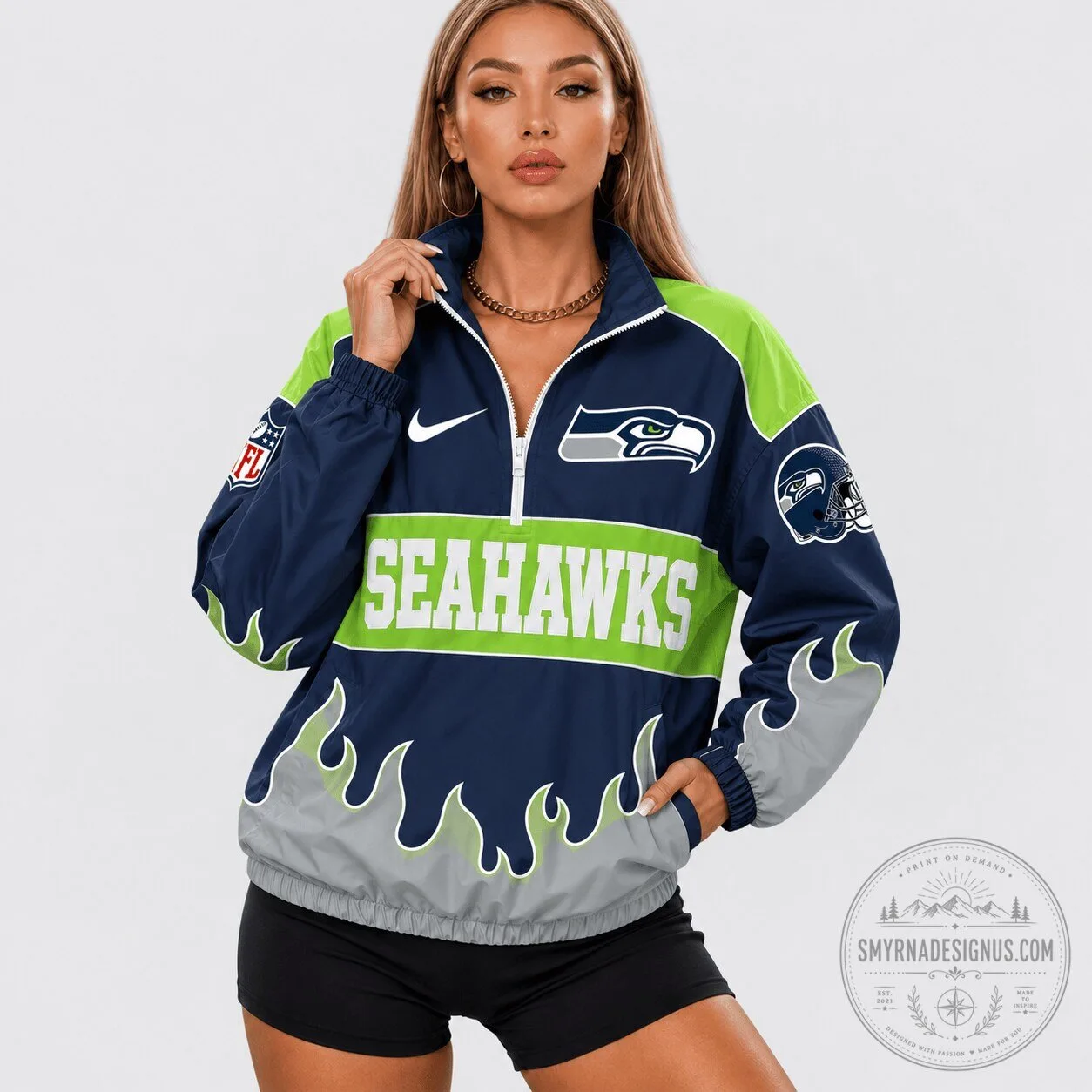 Seattle Seahawks NFL Flame Design Quarter Zip Windbreaker Jacket