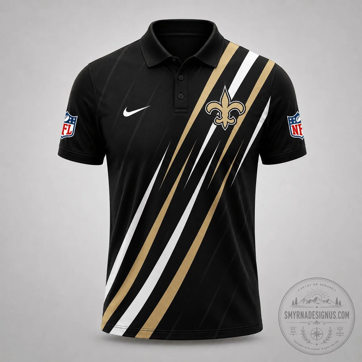 New Orleans Saints NFL Football Team Black and Gold Striped Polo Shirt 1 New Orleans Saints NFL Football Team Black and Gold Striped Polo Shirt