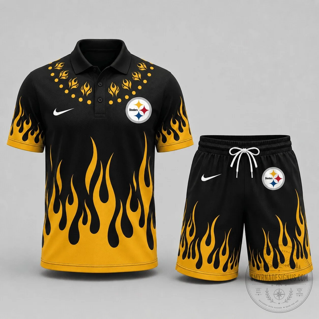 Pittsburgh Steelers Flame Pattern Polo Shirt and Shorts Set 1 Pittsburgh Steelers Flame Pattern Polo Shirt and Shorts Set