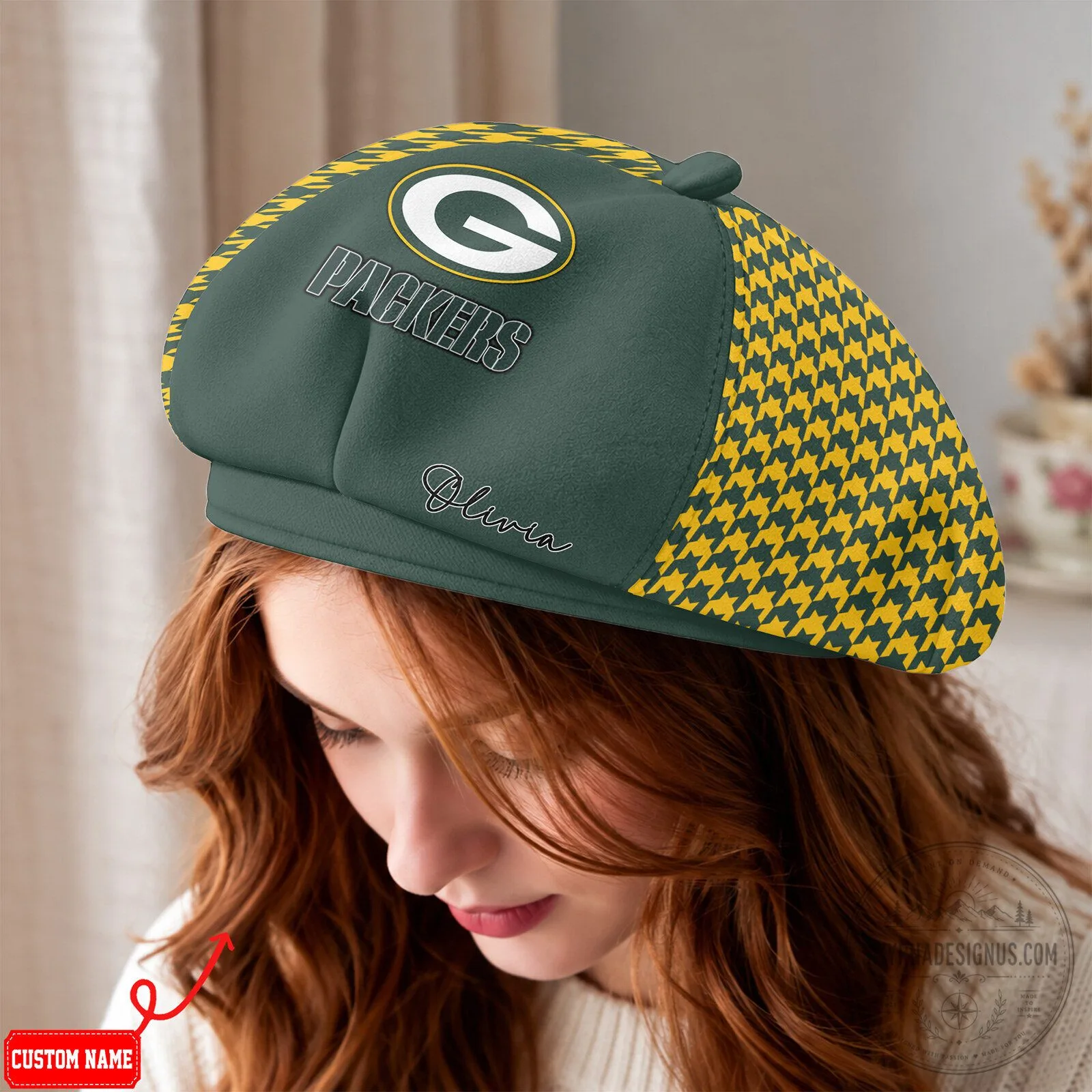 Green Bay Packers Personalized Houndstooth Pattern Beret Cap Hat