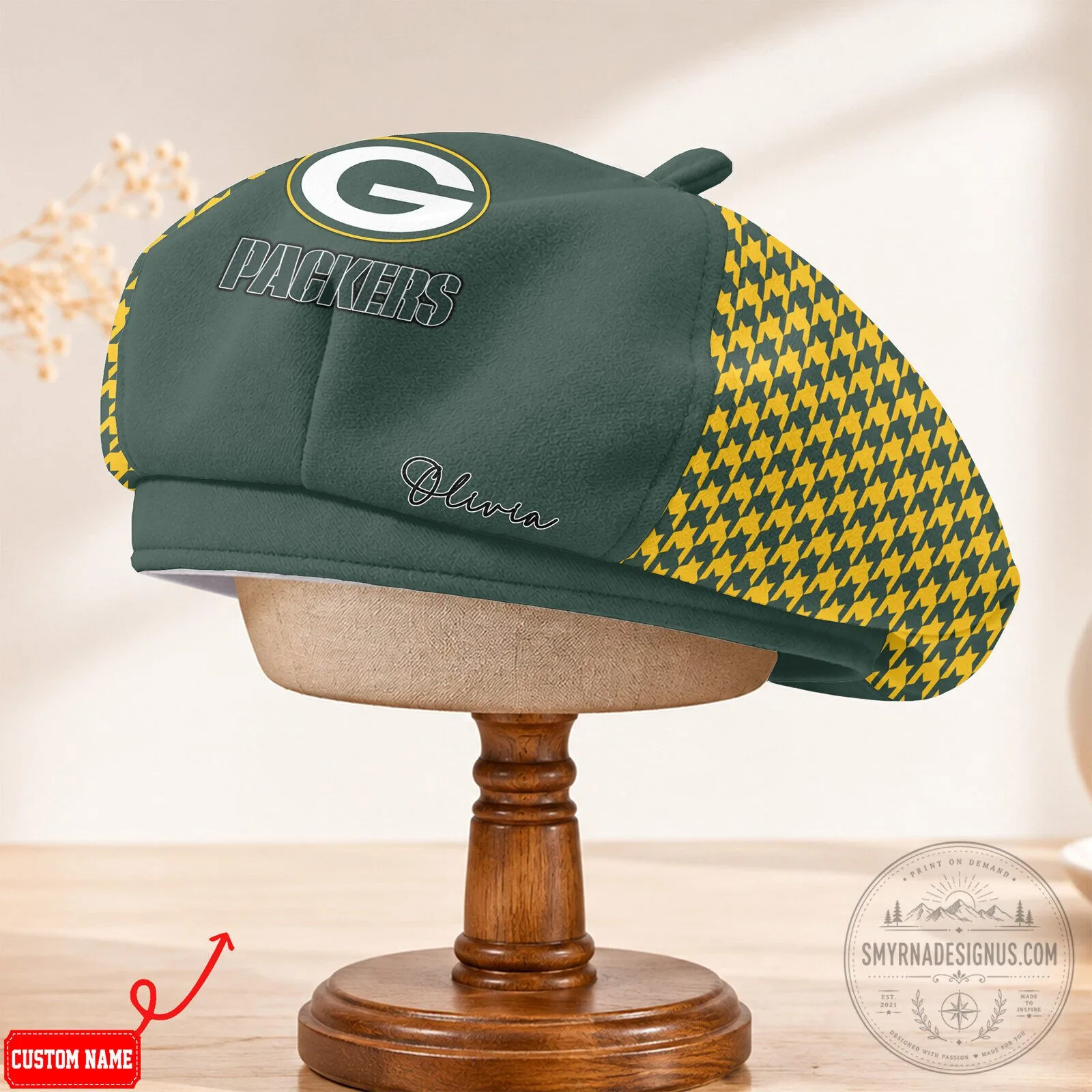 Green Bay Packers Personalized Houndstooth Pattern Beret Cap Hat 3 Green Bay Packers Personalized Houndstooth Pattern Beret Cap Hat