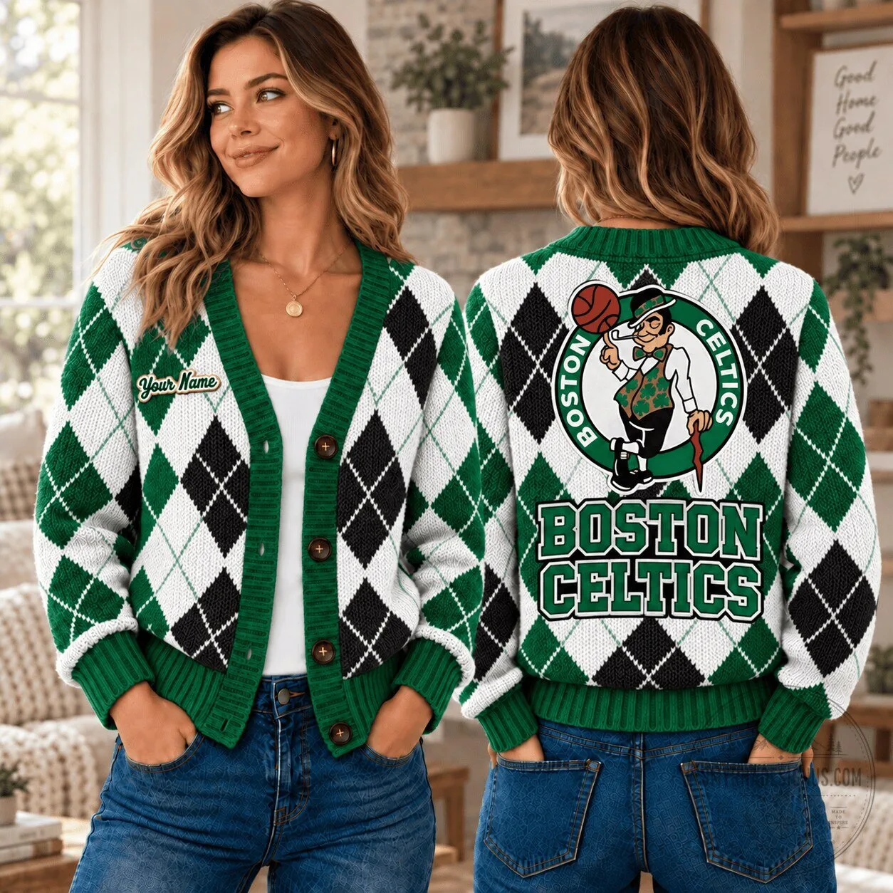 Boston Celtics Argyle Custom Name Cardigan Sweater for Women