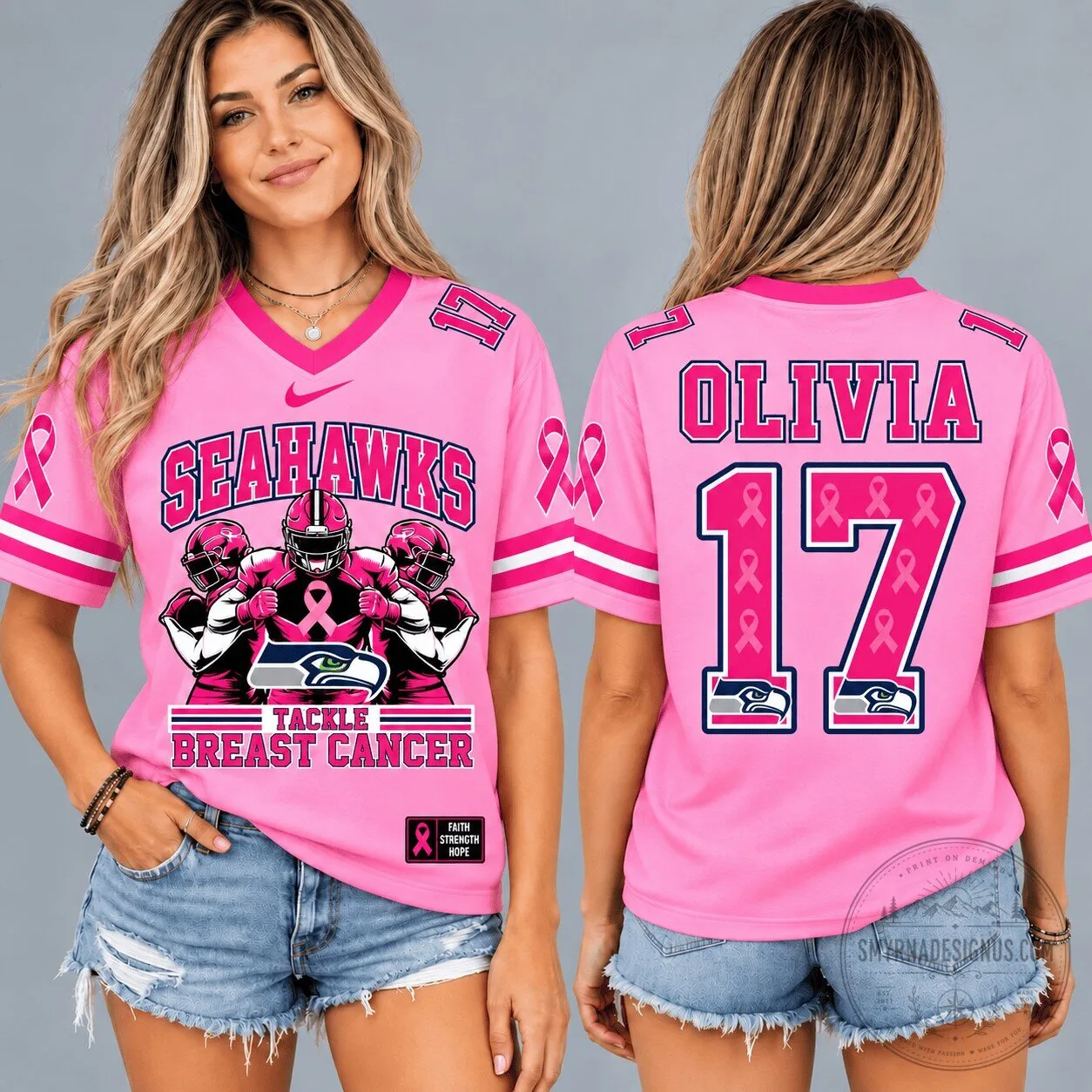 Seattle Seahawks NFL Pink Ribbon Breast Cancer Awareness Personalized Football Jersey