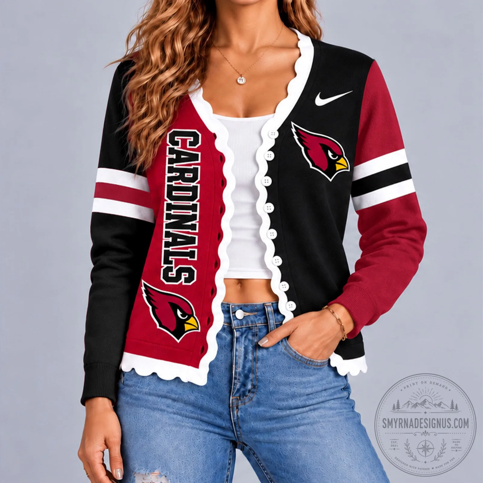 Arizona Cardinals Football Team Logo Scalloped Cardigan Sweater 1 Arizona Cardinals Football Team Logo Scalloped Cardigan Sweater