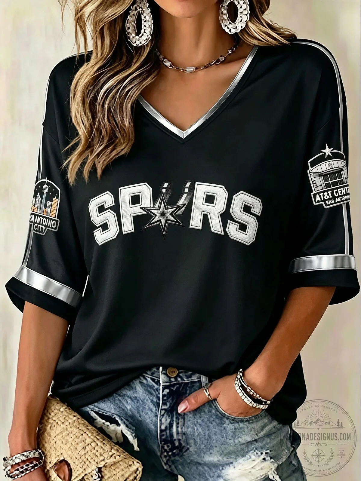San Antonio Spurs Basketball Fan Shirt for Women, Classic V-Neck Short Sleeve
