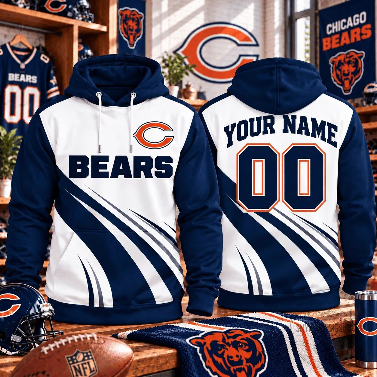 Chicago Bears Custom Name and Number Football Fan Hoodie