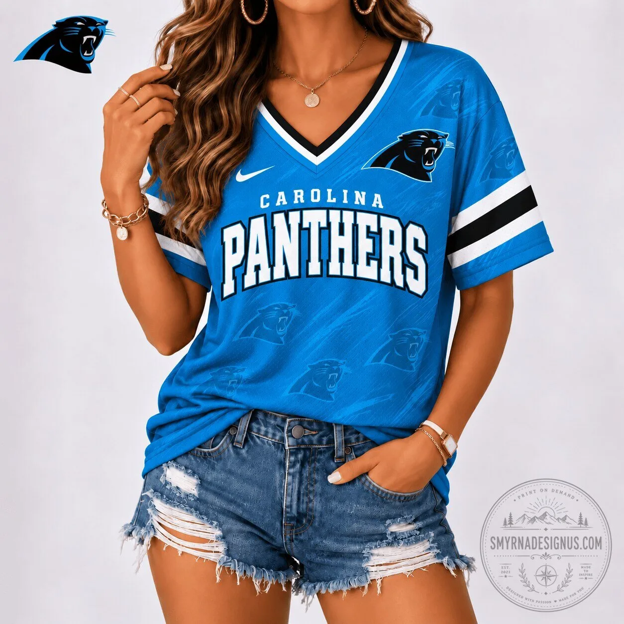Carolina Panthers NFL Football Team Spirit V-Neck Blue Fan Jersey