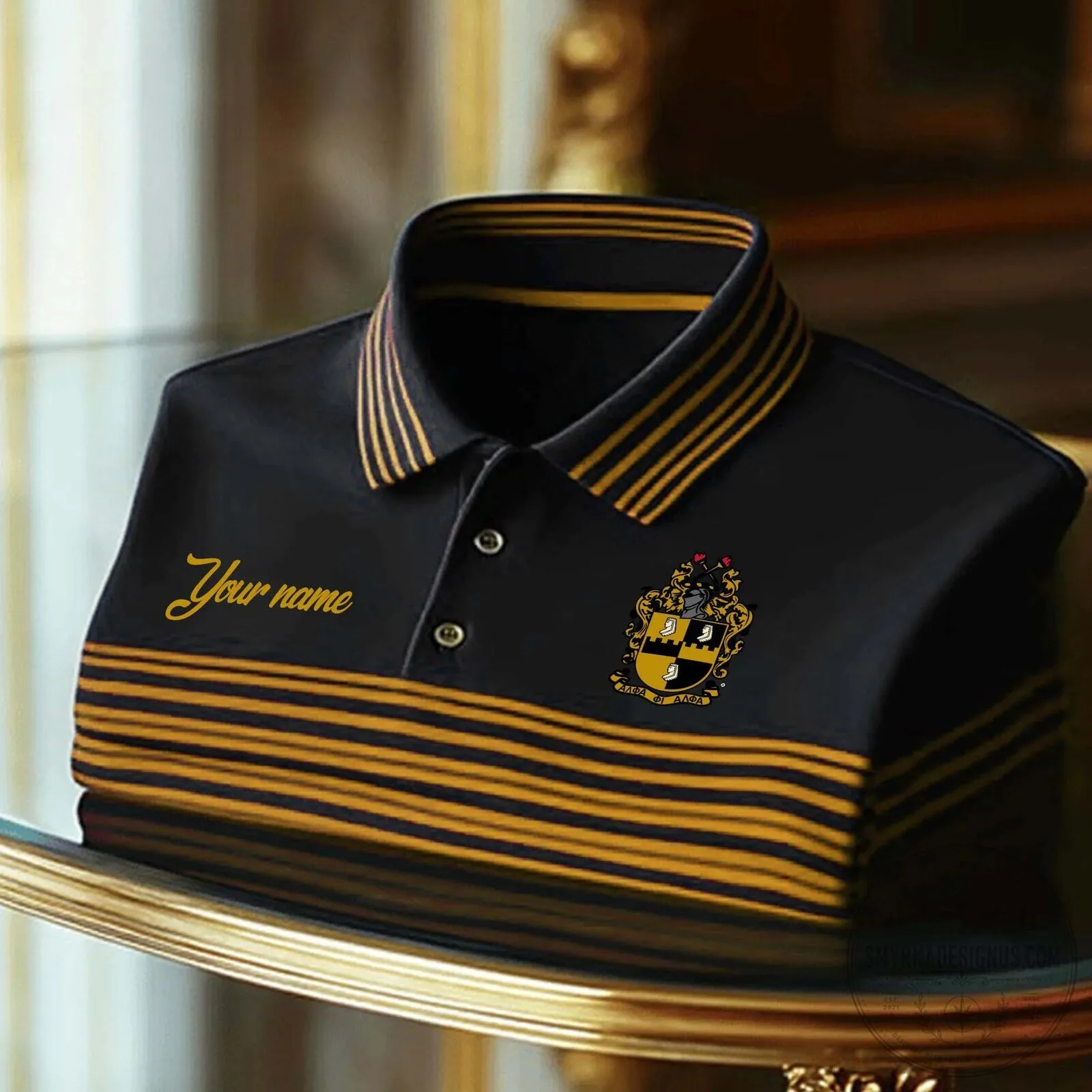 Alpha Phi Alpha Fraternity Black and Gold Striped Custom Name Polo Shirt