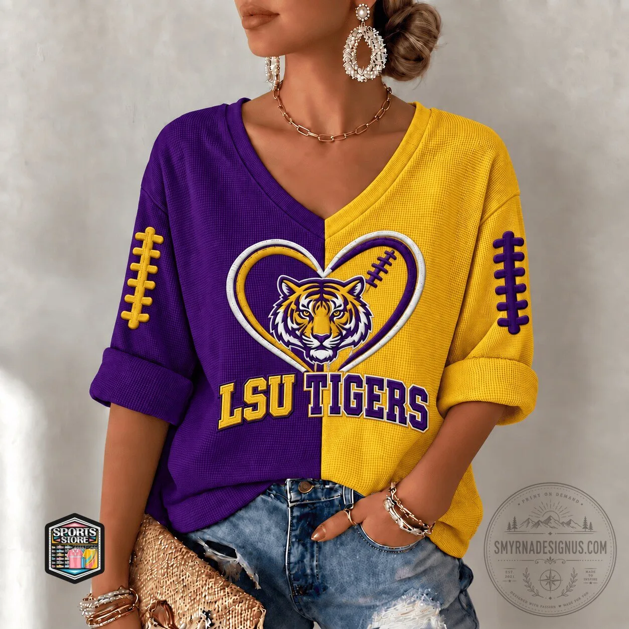 Louisiana State University Tigers Football Split Color V-Neck Long-Sleeve Shirt