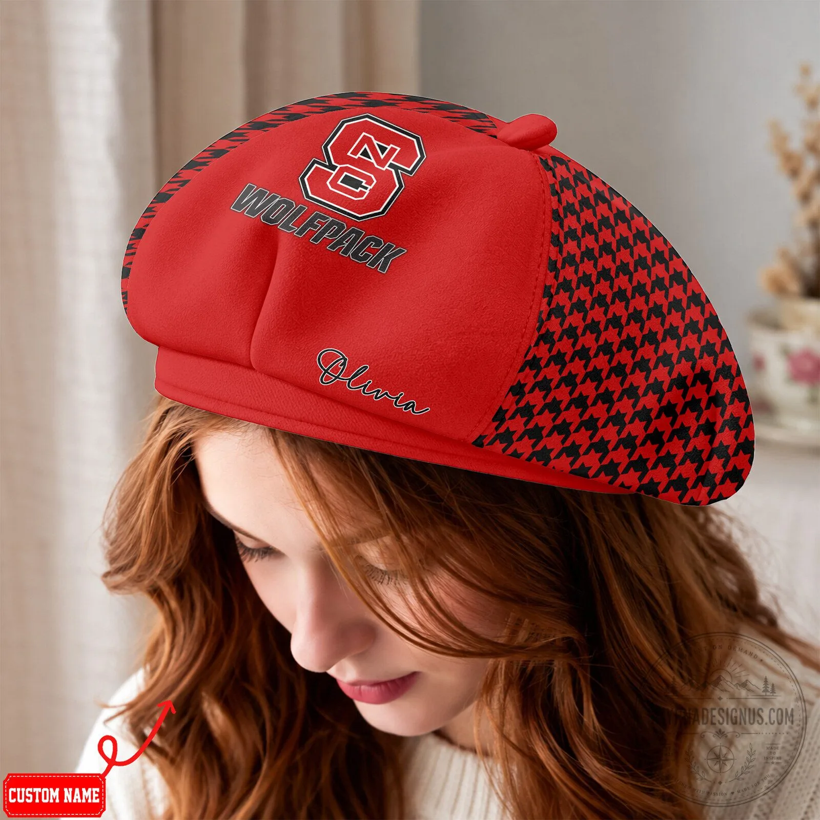 North Carolina State Wolfpack Houndstooth Personalized Beret Hat
