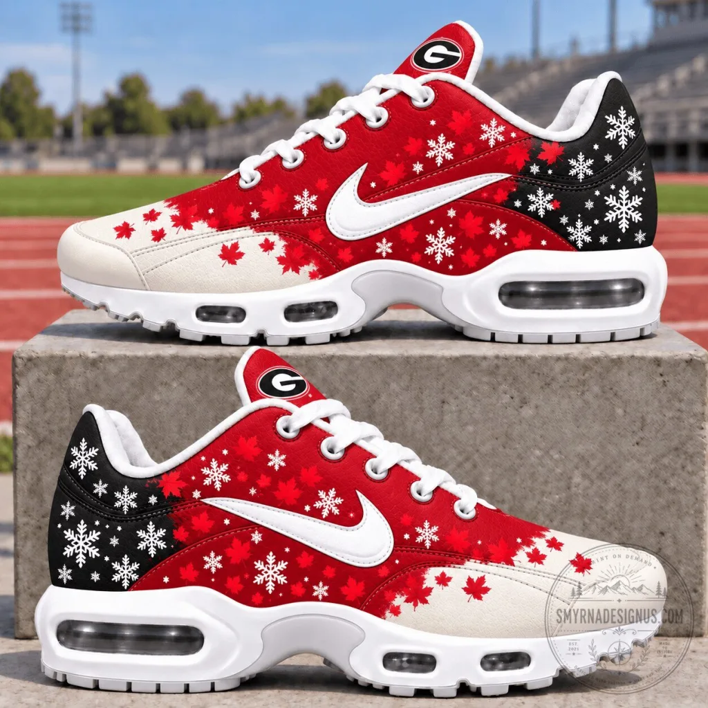 Georgia Bulldogs Fall Maple Leaf and Snowflake Pattern Sneakers Georgia Bulldogs Fall Maple Leaf and Snowflake Pattern Sneakers