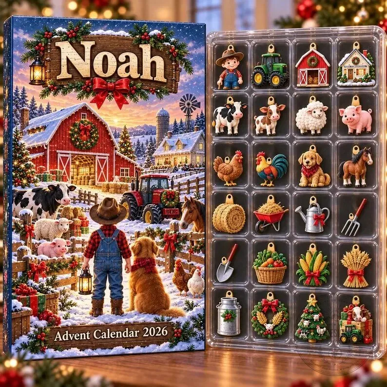 Personalized Farm Animals Christmas Advent Calendar 2026 with 24 Ornaments