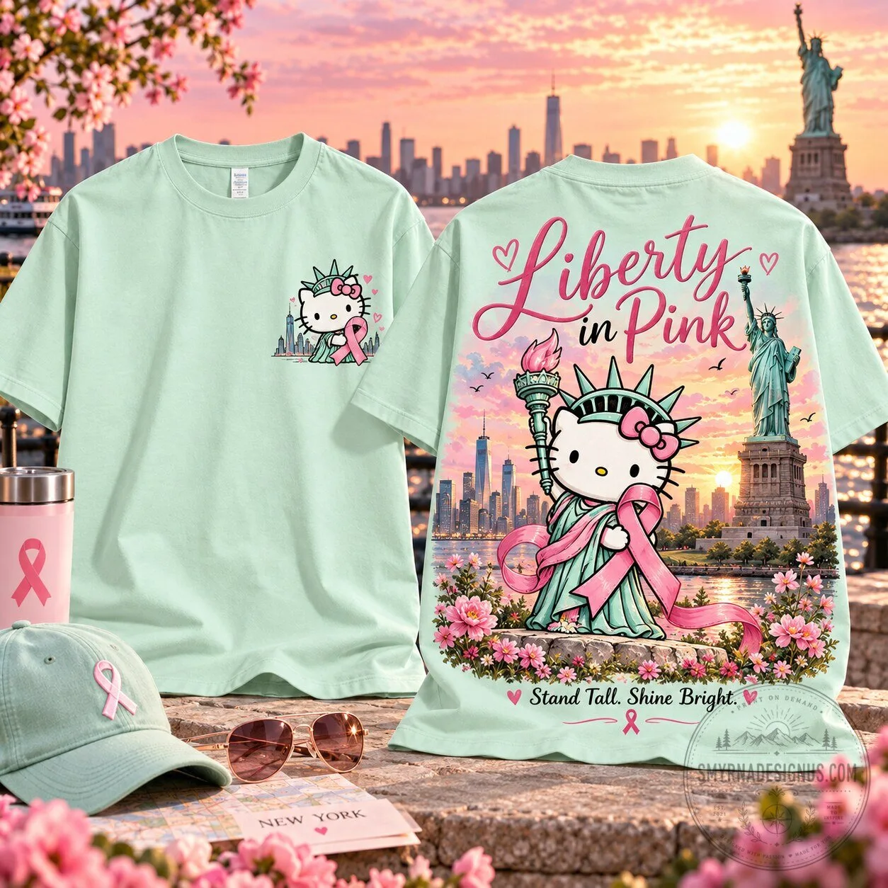 Hello Kitty Statue of Liberty Breast Cancer Awareness Pink Ribbon T-Shirt