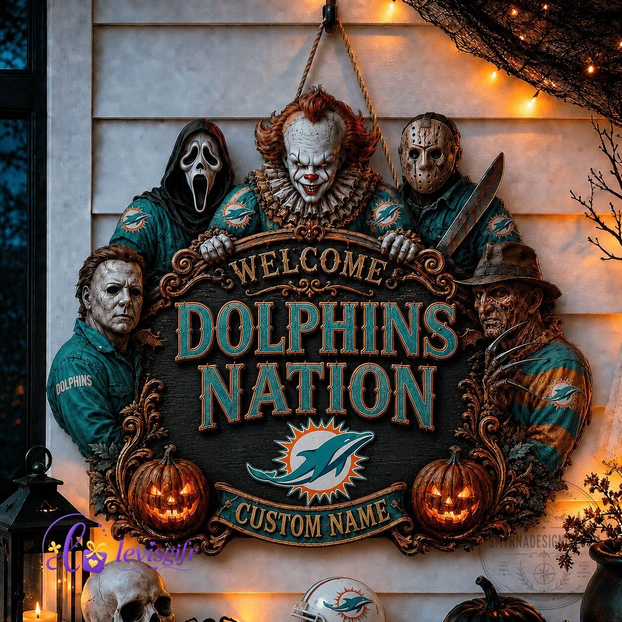 Miami Dolphins Football Halloween Welcome Sign - Personalized Dolphins Nation Metal Plaque