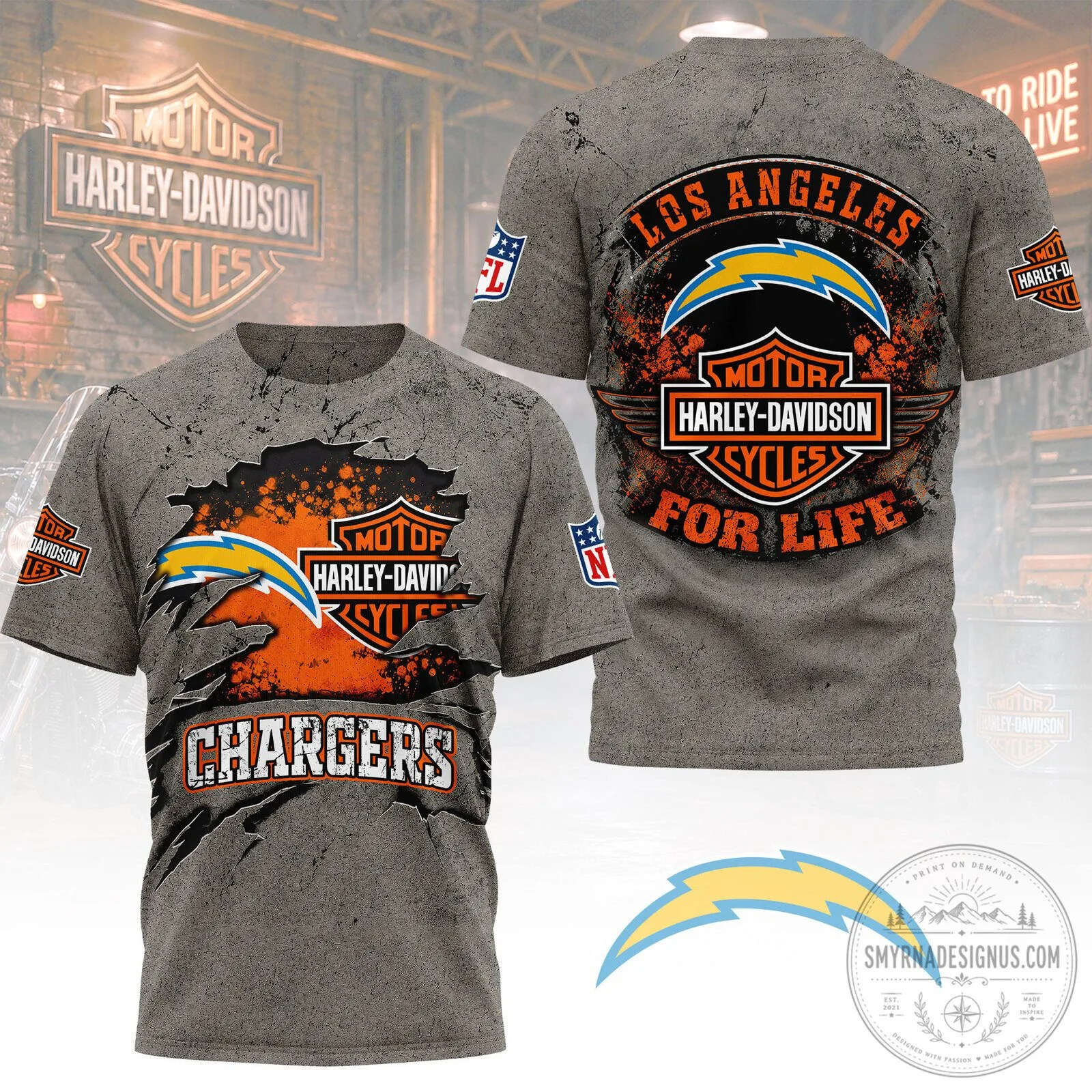 Los Angeles Chargers Harley Davidson For Life T-Shirt 1 Los Angeles Chargers Harley Davidson For Life T-Shirt