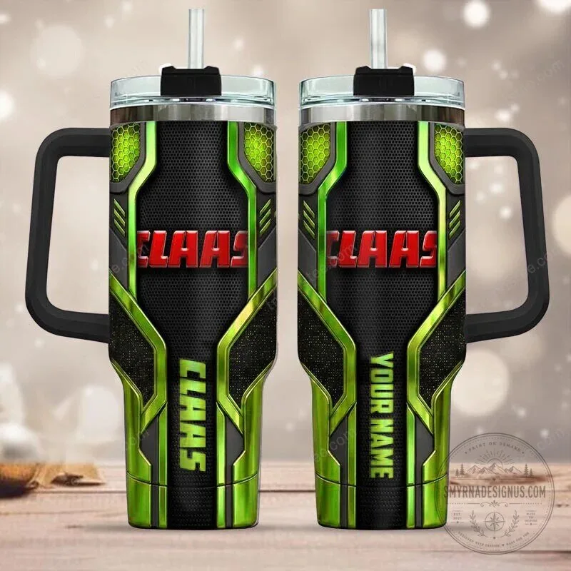 Claas Green and Black Personalized Name Handle Tumbler with Straw