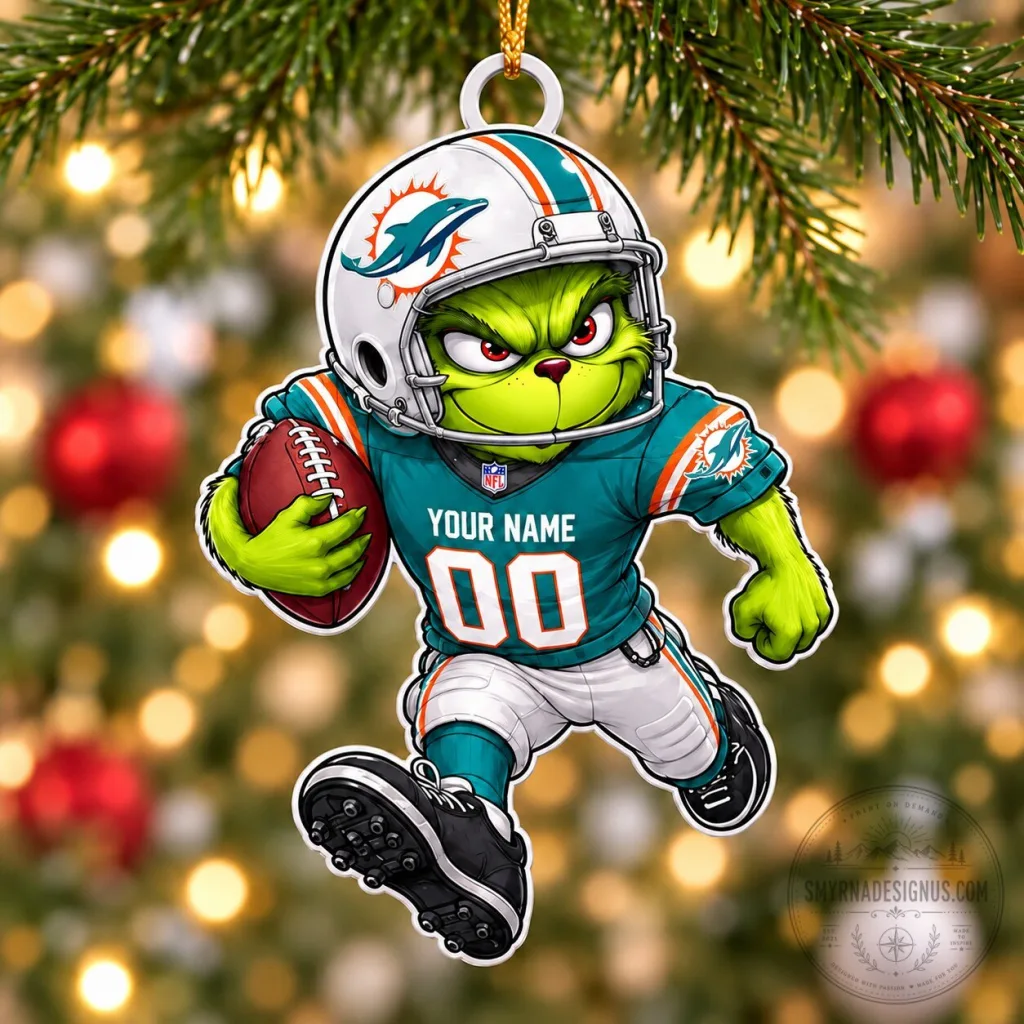 Miami Dolphins Grinch Football Player Custom Name Christmas Ornament Miami Dolphins Grinch Football Player Custom Name Christmas Ornament