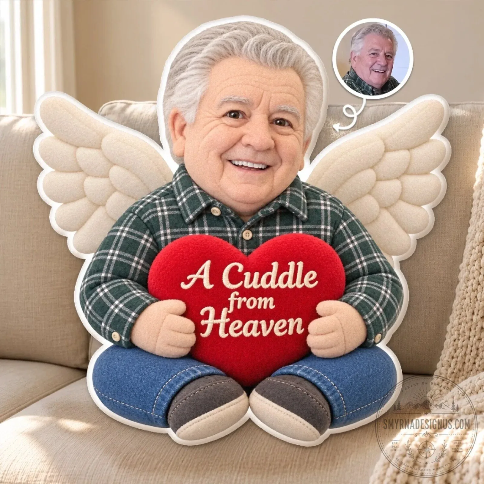 Personalized Memorial Photo Pillow with Angel Wings, A Cuddle from Heaven