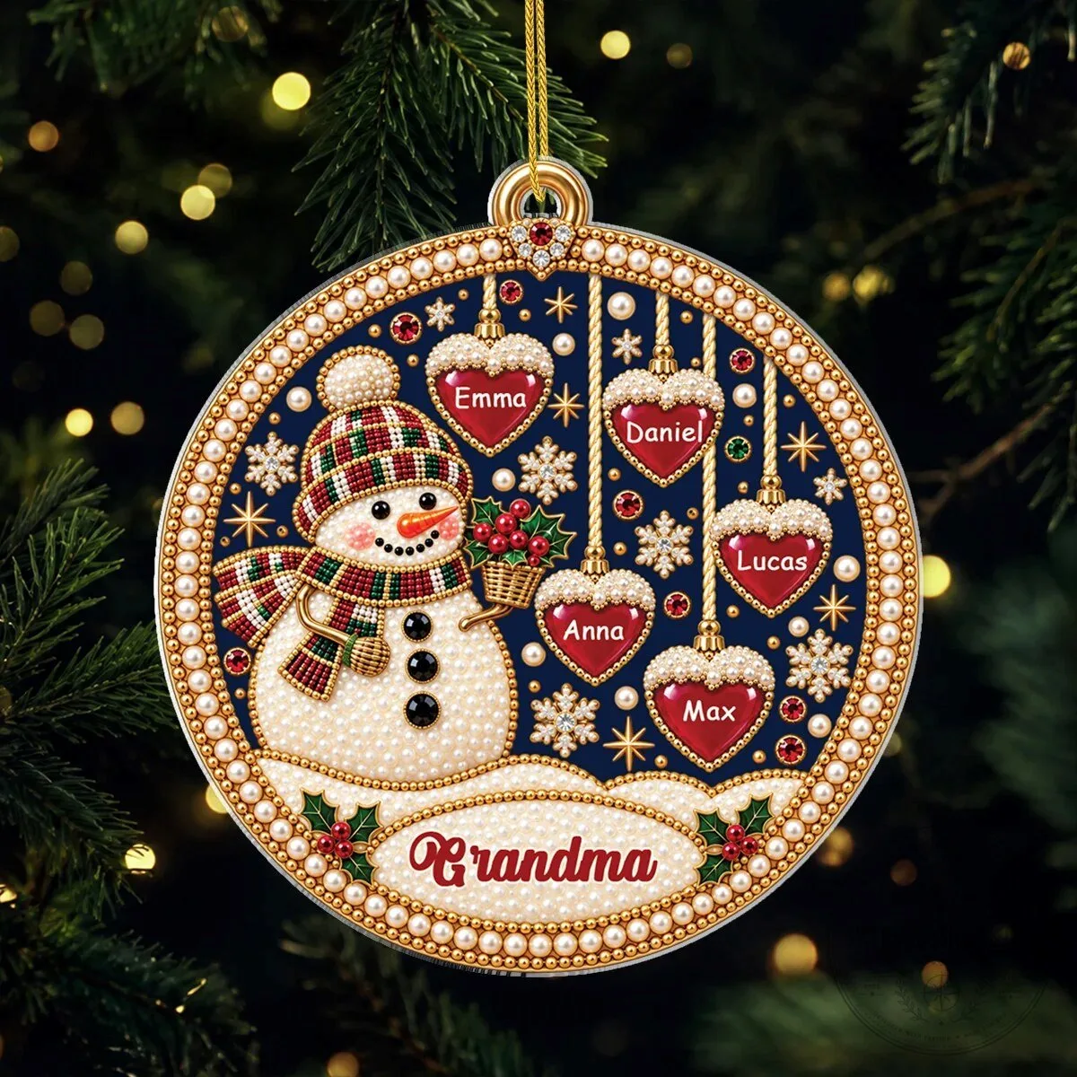Personalized Snowman Heart Family Name Christmas Tree Ornament for Grandma