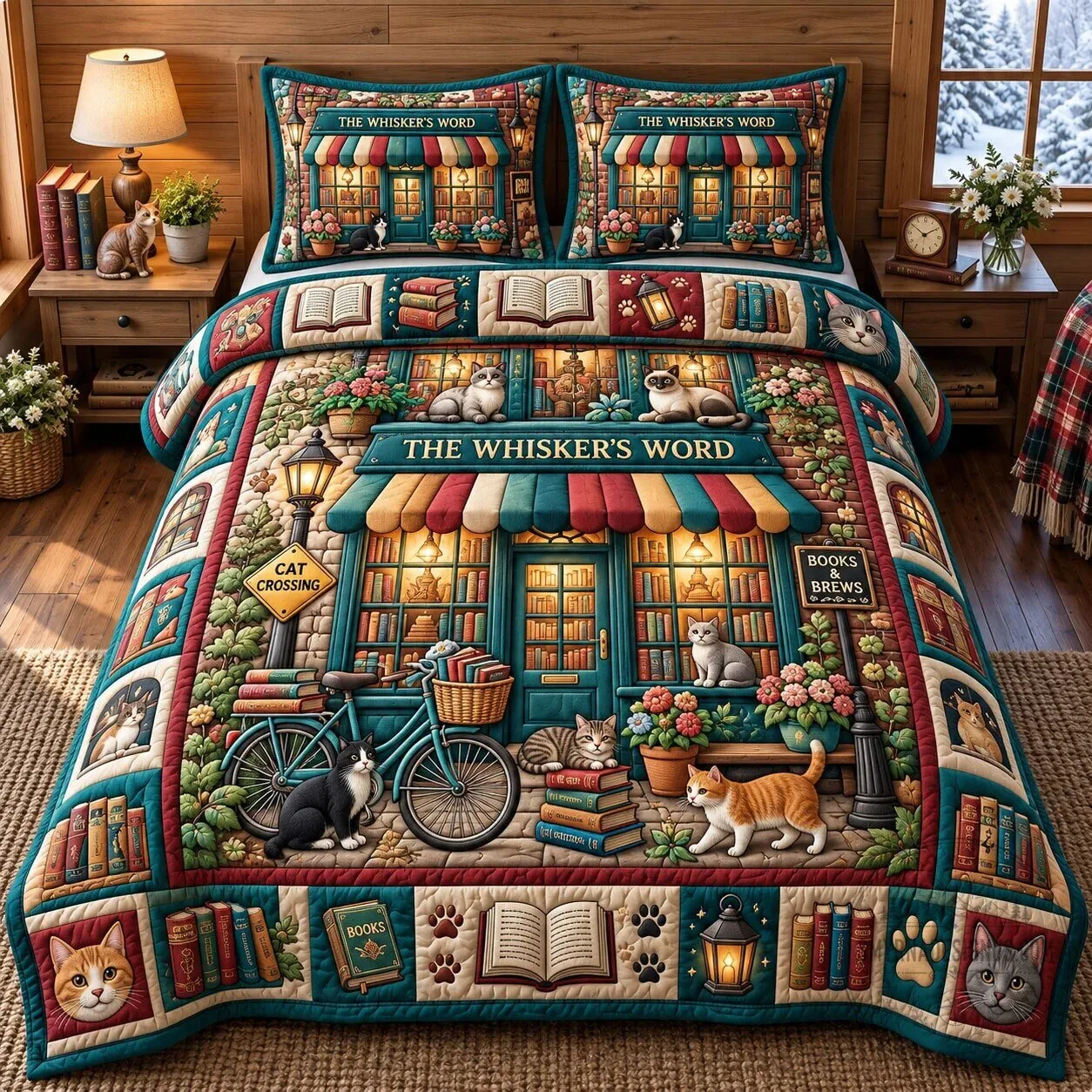 Bookish Cat The Whisker's Word Bookstore Quilted Bedding Set