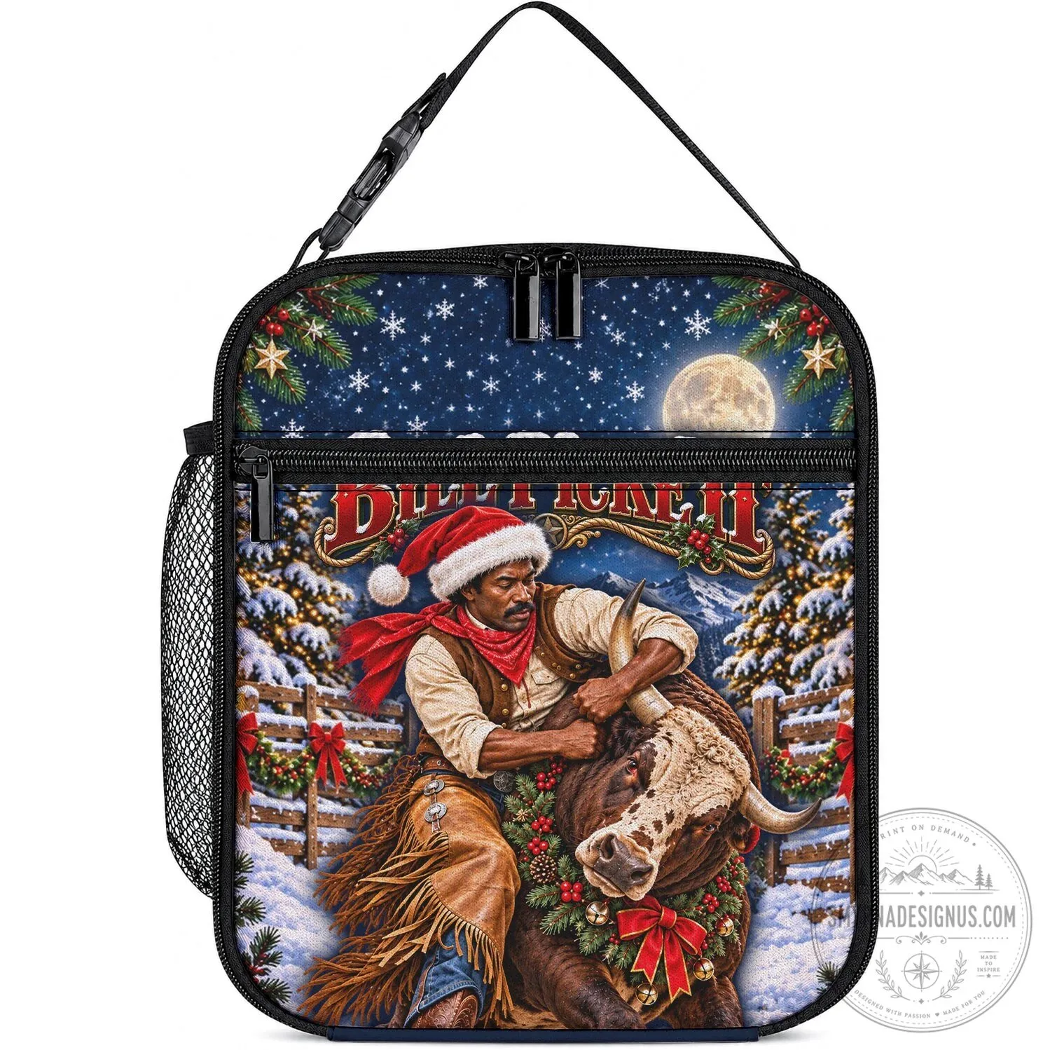 Bill Pickett Christmas Bull Rider Snowy Winter Rodeo Night Lunch Bag