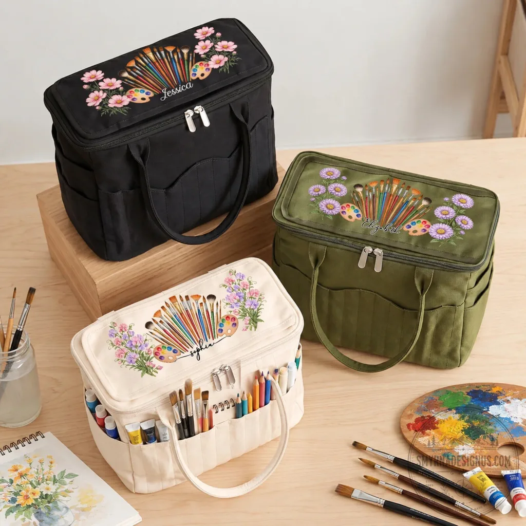 Personalized Artist Supply Bag with Birth Flower and Paintbrush Design Personalized Artist Supply Bag with Birth Flower and Paintbrush Design