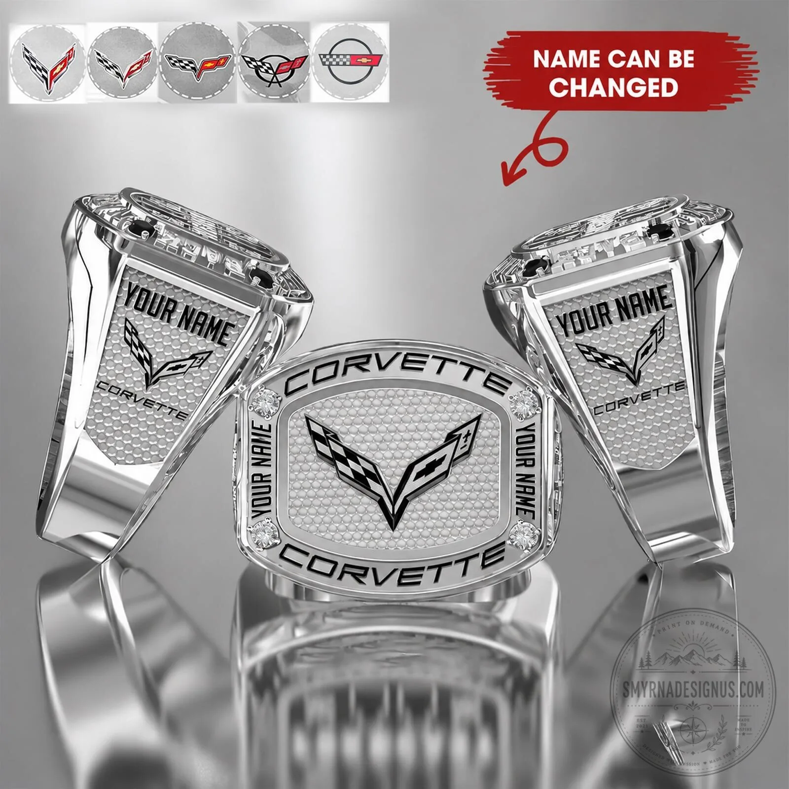 Corvette Personalized Sterling Silver Crystal Signet Ring for Men