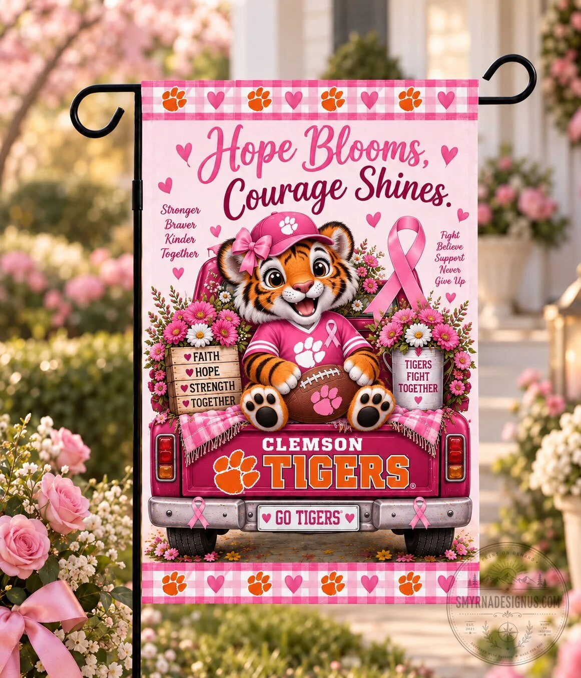Clemson Tigers Breast Cancer Awareness Hope Blooms Courage Shines Garden Flag