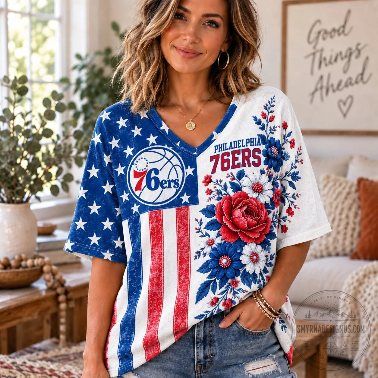 Philadelphia 76ers NBA Fan Shirt for Women, Patriotic Floral V-Neck T-Shirt
