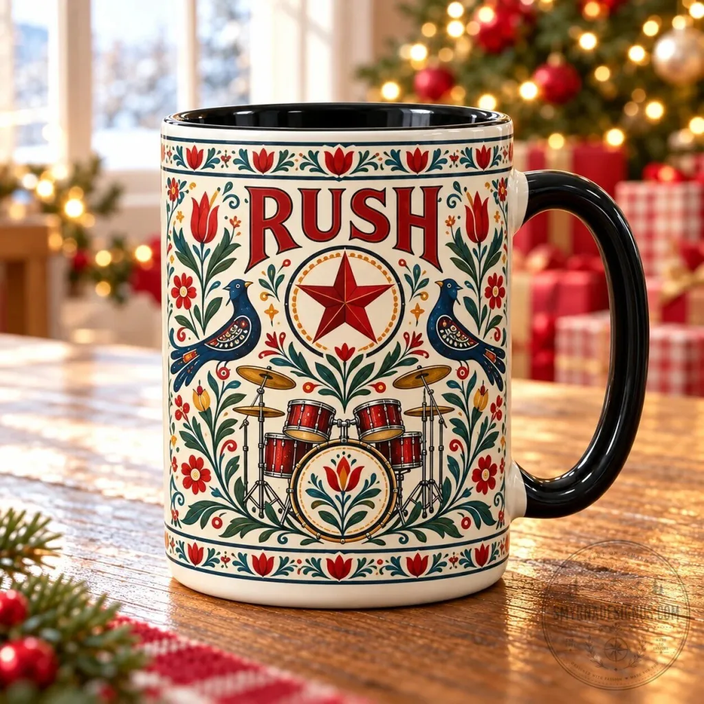 Rush Band Scandinavian Folk Art Style Ceramic Coffee Mug with Drum Kit Design Rush Band Scandinavian Folk Art Style Ceramic Coffee Mug with Drum Kit Design